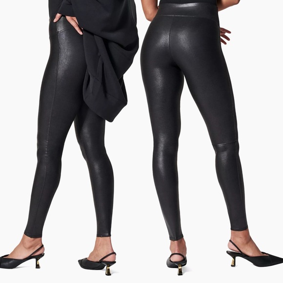 Spanx By Sara Blakely Black Mid Waist Faux Leather Leggings Sz L - Picture 1 of 7